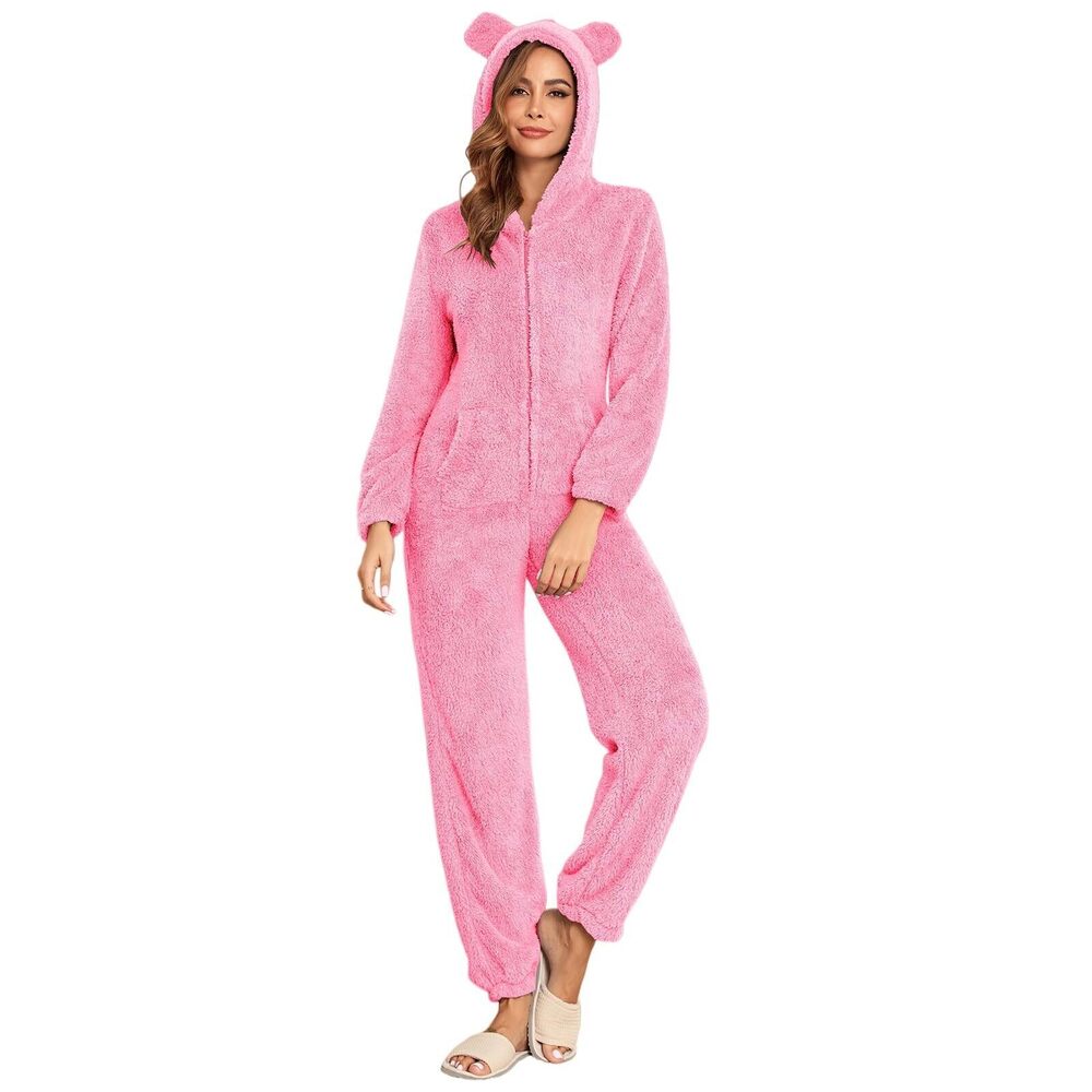 1846 Fleece Onesie Pajamas Fuzzy Sherpa Hooded Romper One Piece Winter